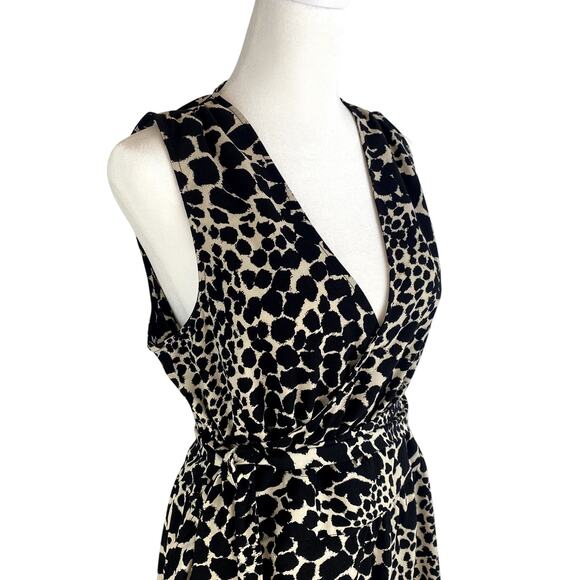 Leopard Animal Print Midi Wrap Dress Womens S Ruffle Hem Sleeveless Fall Neutral - Picture 2 of 14
